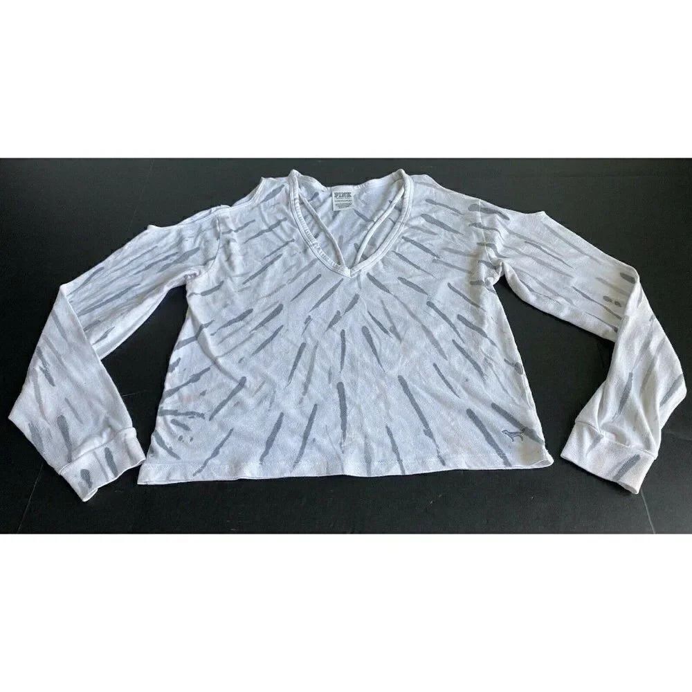 VS PINK Cold Shoulder T-shirt Top White Gray Long Sleeve Women's Size XS